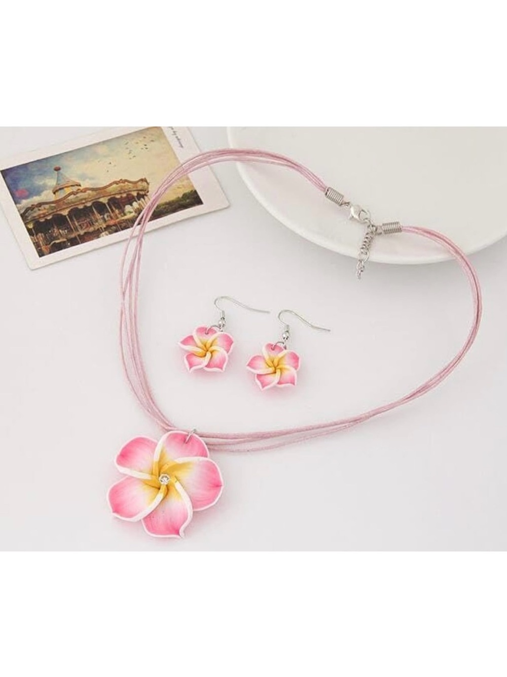 Pink Plumeria Flower Necklace and Earring Set - Women Jewelry